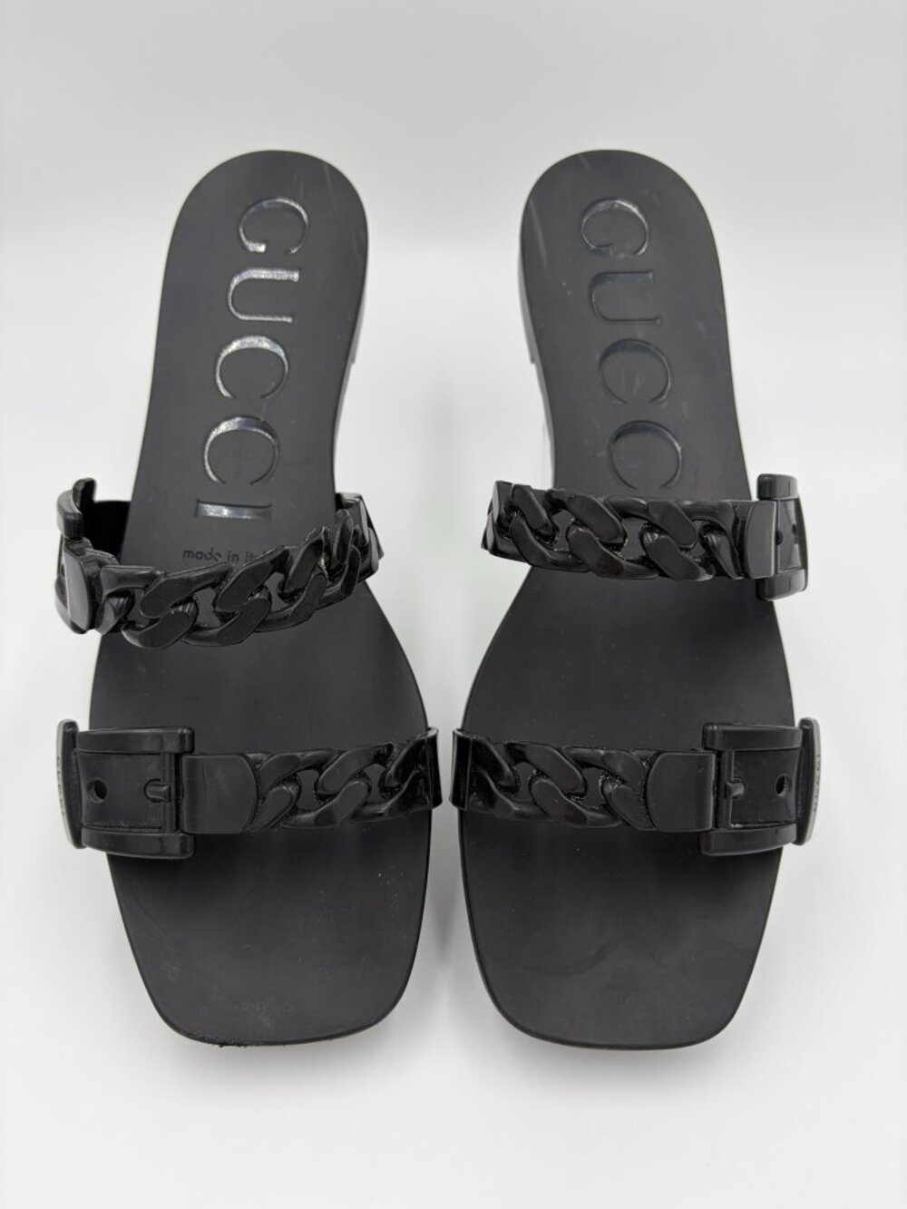 Gucci Black Rubber Chain Detail Teena Slides Flats Sandals Size 40 EU/10